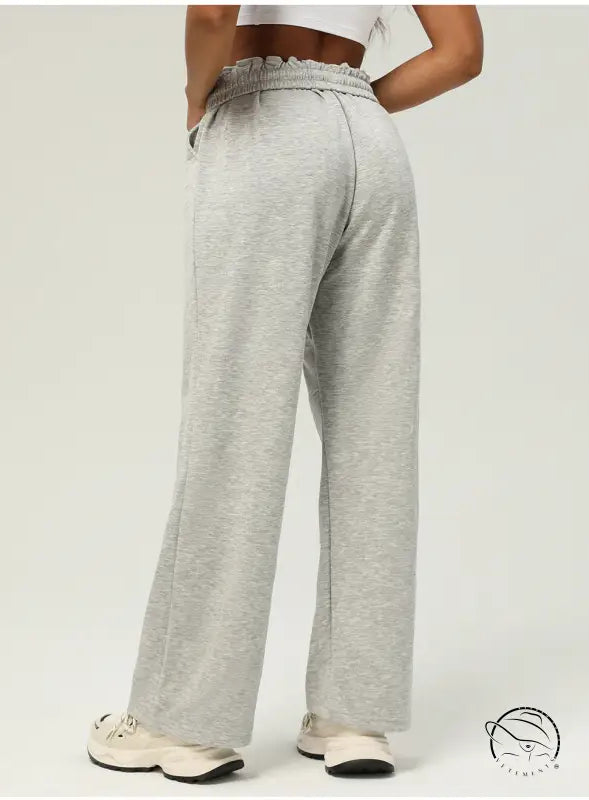 Light gray wide-leg casual fitness yoga pants with elastic waistband