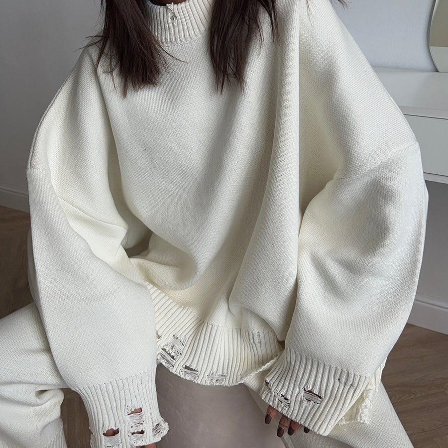 Winter Knitted Ankle Tight Pants Turtleneck Sweater Set