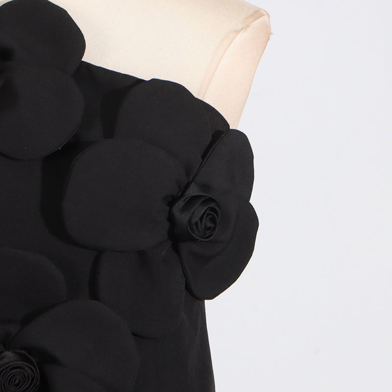 Black fashion dress with floral embellishments from French Floral Splicing Design collection
