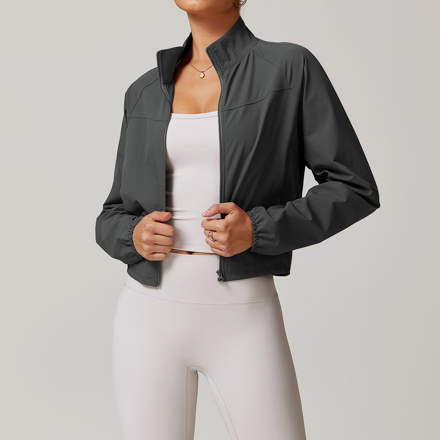 Charcoal gray cropped bomber jacket zip front fashion ملابس by Langry