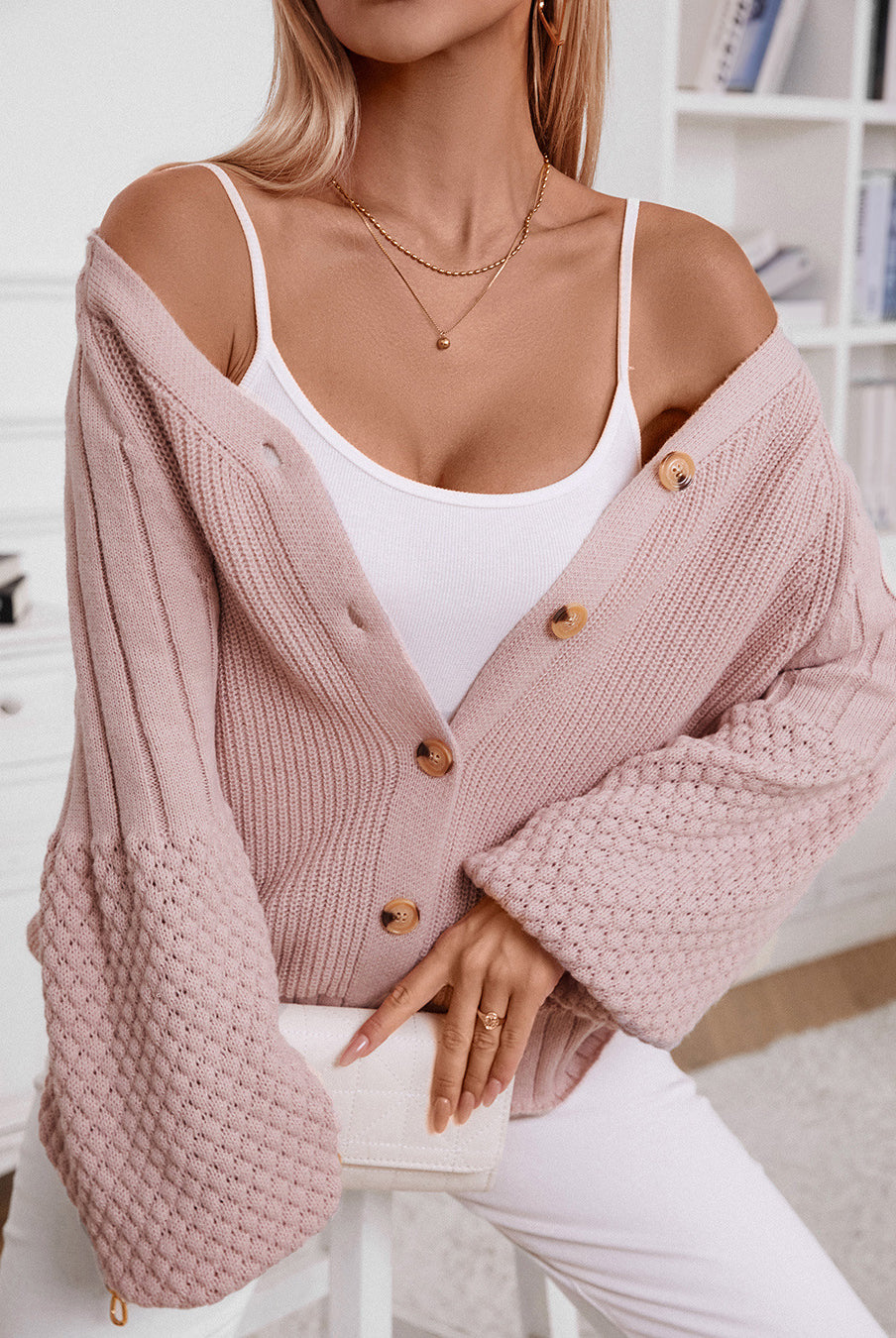 Pink knitted cardigan casual loose lantern sleeve sweater for a stylish casual look