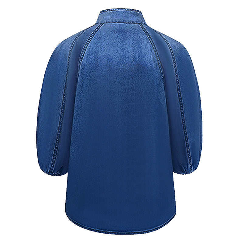 Blue denim blouse with balloon sleeves, perfect for casual fashion and ملابس styling