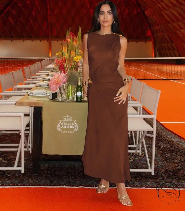Elegant slim sheath sleeveless dress in brown with gold fashion embellishments