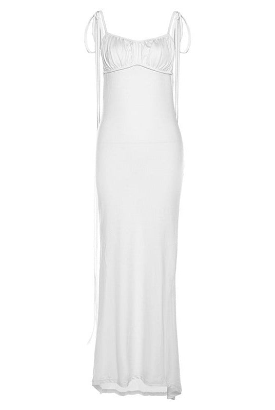 Elegant slim fit sheath dress in white with tie straps, perfect for formal occasions
