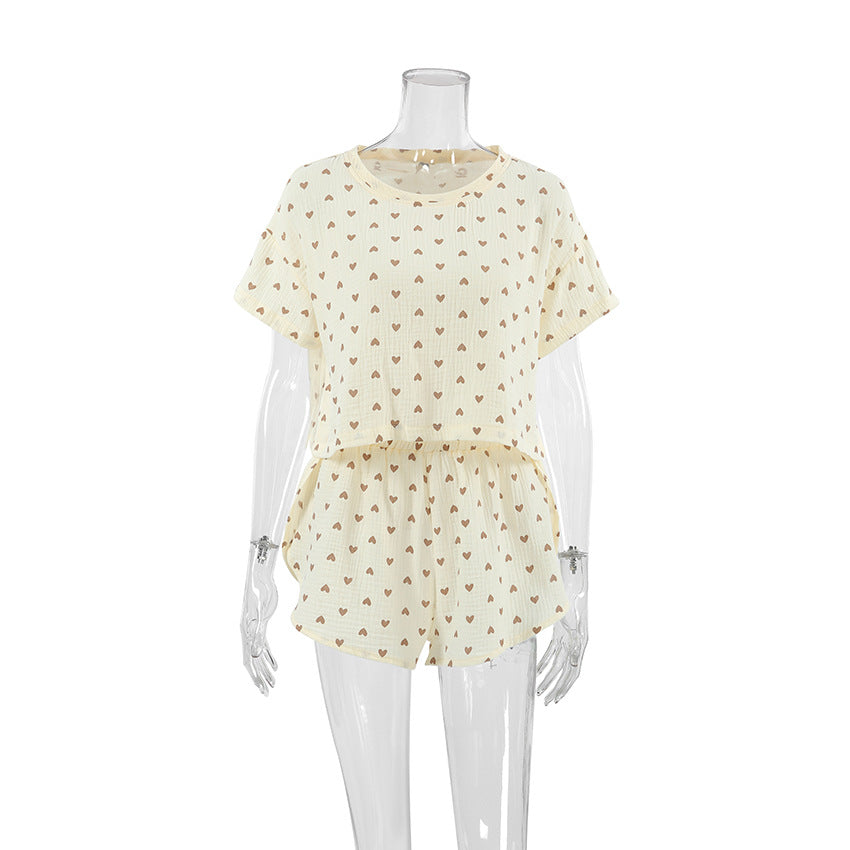 Cream-colored short pajama set with heart print, summer cotton linen slit shorts for women