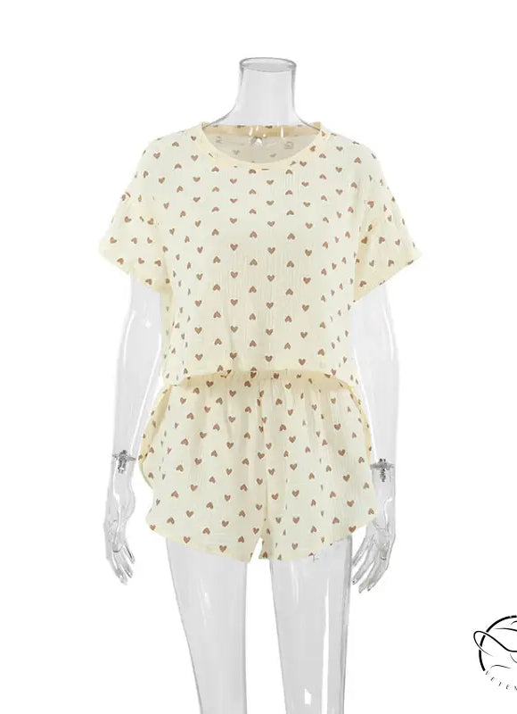 Summer cotton linen heart print cream short pajama set with slit shorts