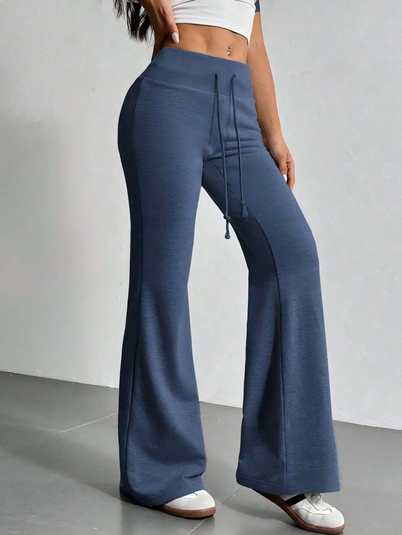 Blue drawstring flared pants from High Waist Casual Solid Color Bell Bottom Pants collection