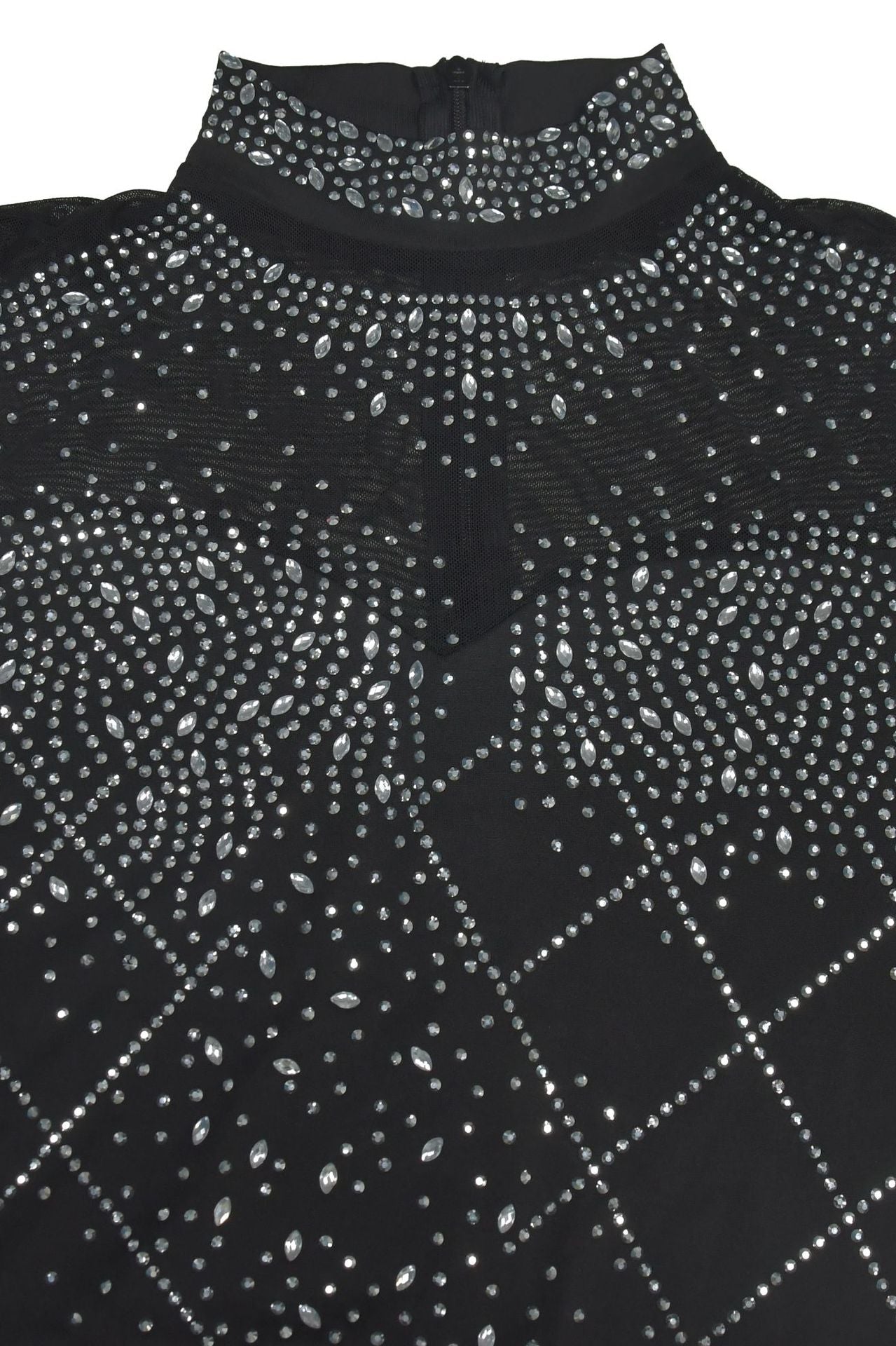 Black rhinestone-studded turtleneck top styled with Amazing Split Maxi Dress for elegant fashion