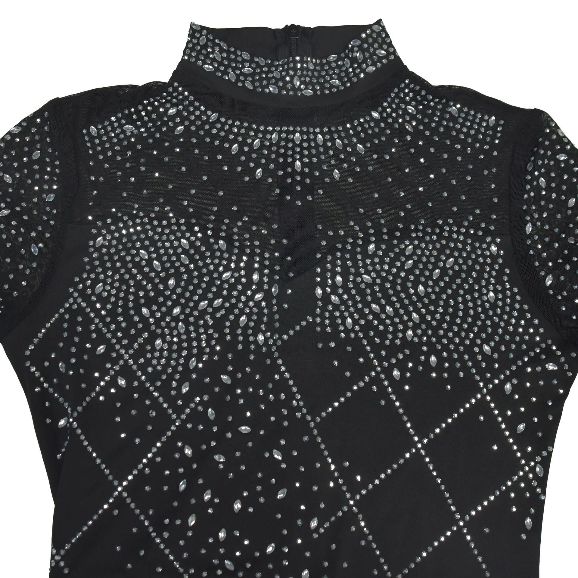 Black rhinestone-studded turtleneck top styled with Amazing Split Maxi Dress for elegant fashion