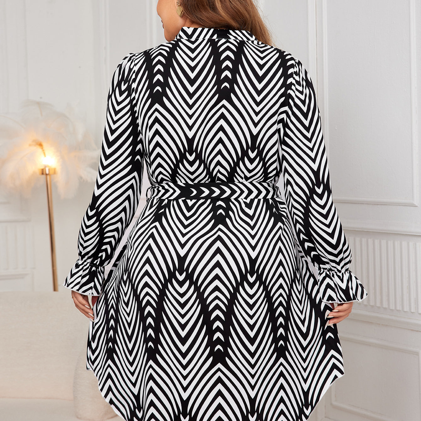 Black and white chevron pattern high waist dress, stylish langry fashion ملابس