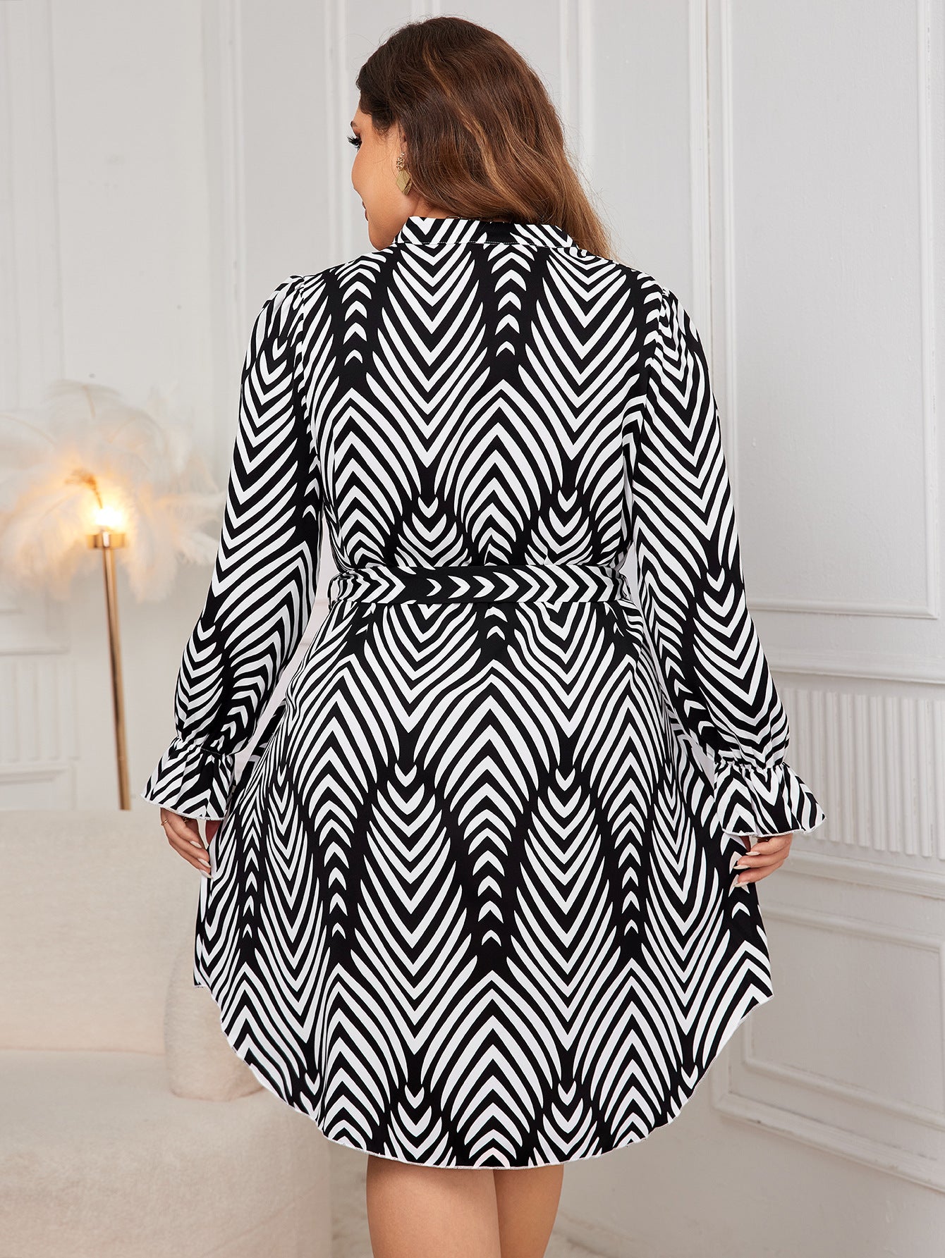 Black and white chevron pattern high waist dress, stylish langry fashion ملابس