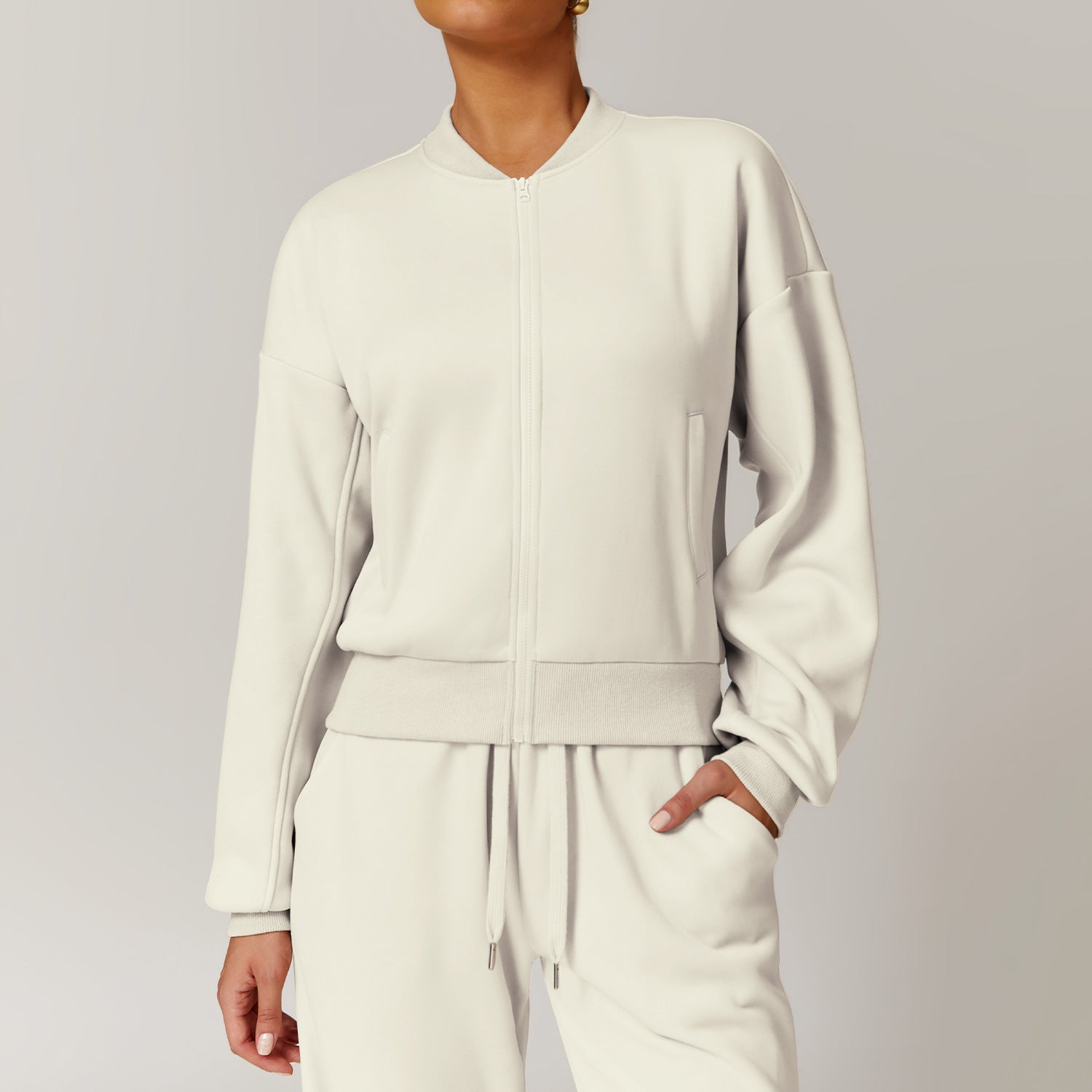 Beige zip-up sweatshirt and sweatpants set from Outdoor Warm Sports Sweater Coat, stylish langry fashion