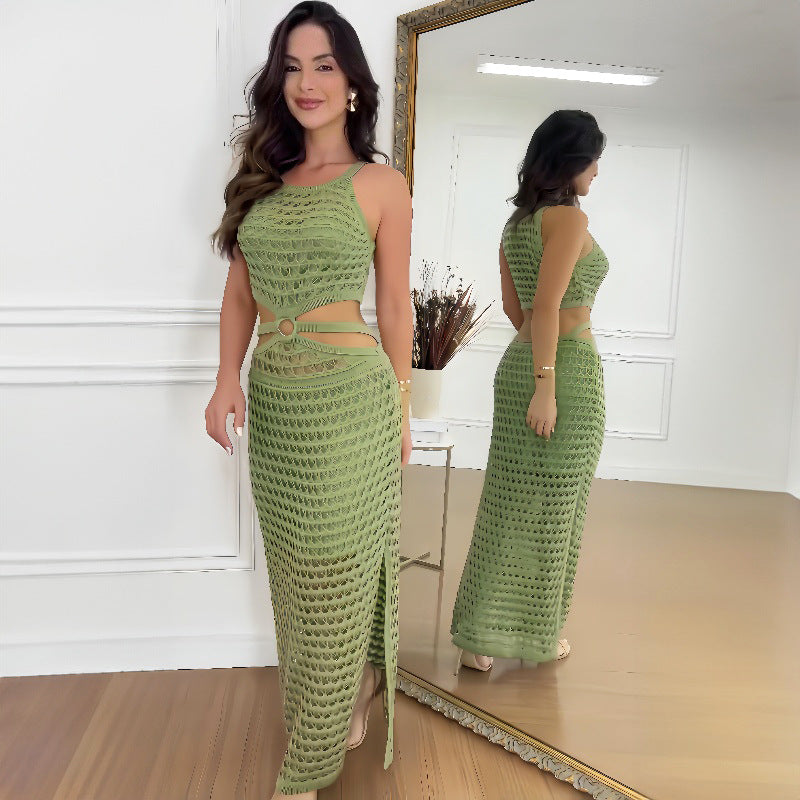 Woman in a green crochet dress showcasing fashionable ملابس for summer styling