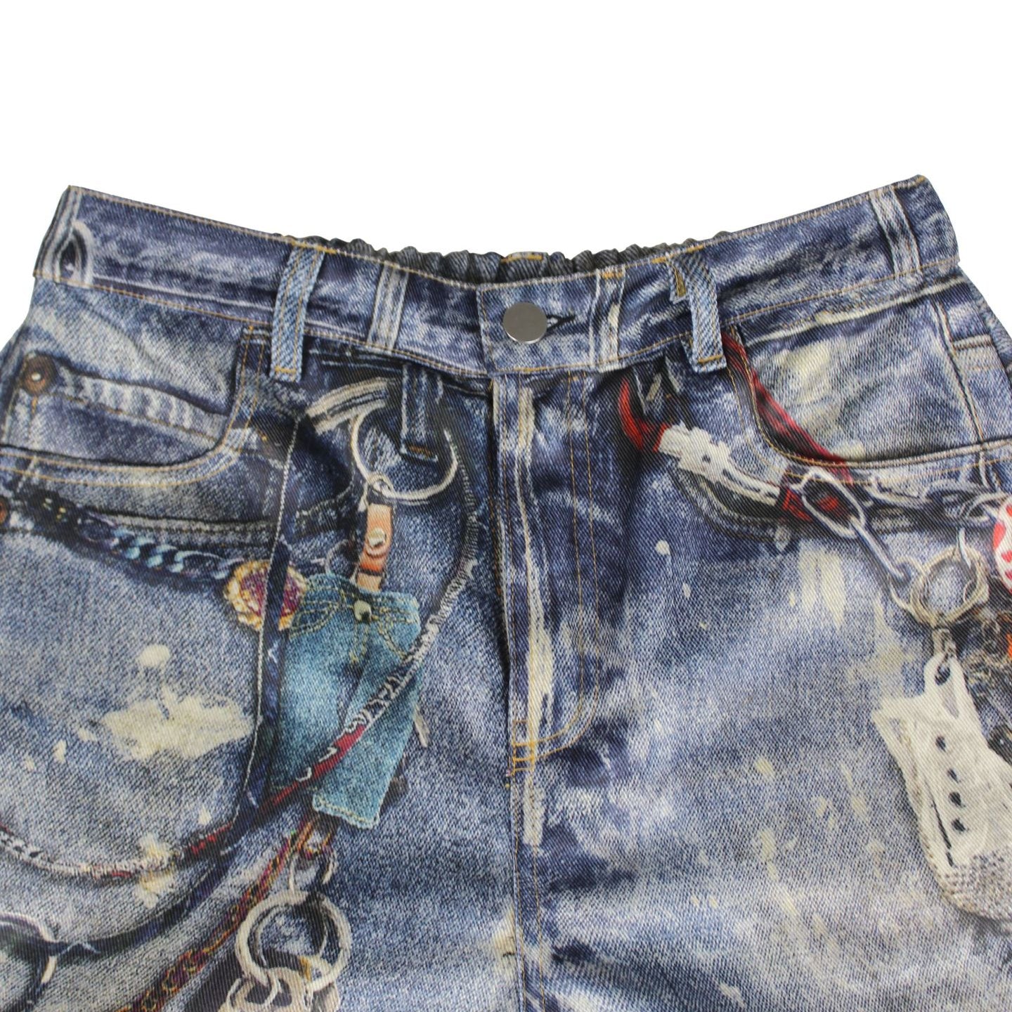 Distressed blue denim jeans with paint splatters and chains for trendy casual fashion
