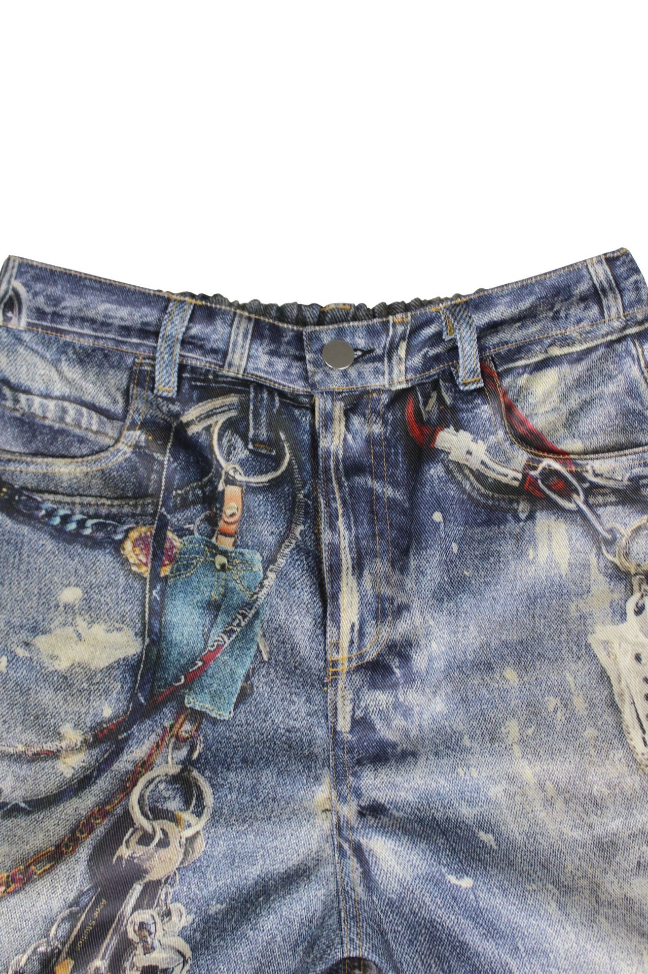 Distressed blue denim jeans with paint splatters and chains for trendy casual fashion