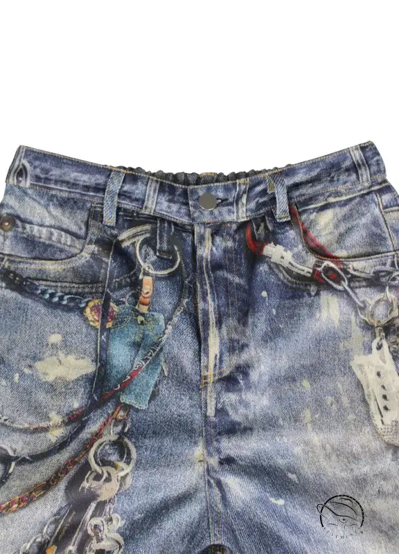 Casual dirty denim pants with paint splatters and chains