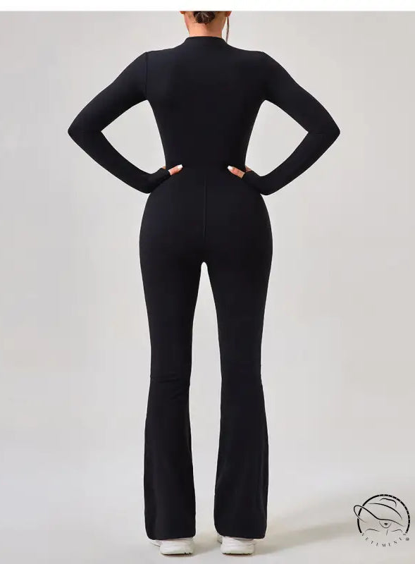 Black long-sleeved flared jumpsuit in comfy one piece sportswear fashion