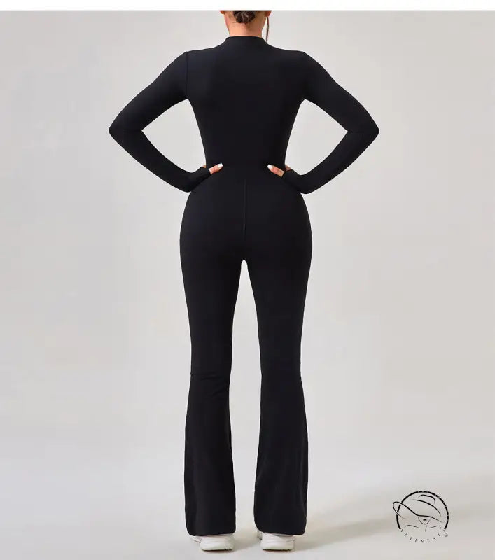 Black long-sleeved flared jumpsuit in comfy one piece sportswear fashion