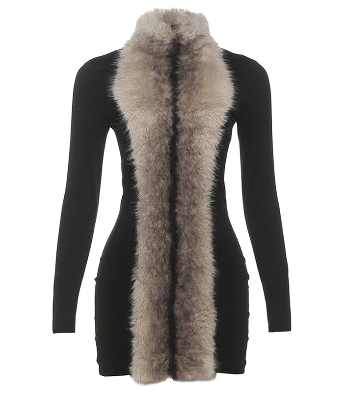 Elegant slim fit langry fashion sheath dress with fur collar and pockets