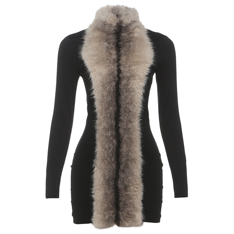 Elegant slim fit langry fashion sheath dress with fur collar and pockets