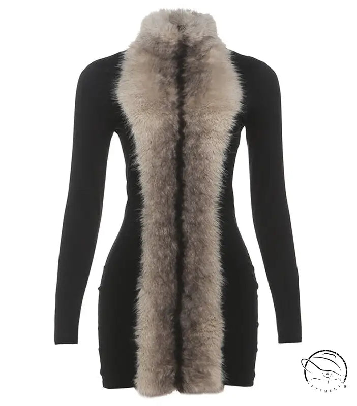 Elegant slim fit sheath langry fashion dress with black long sleeves, fur collar, and pockets