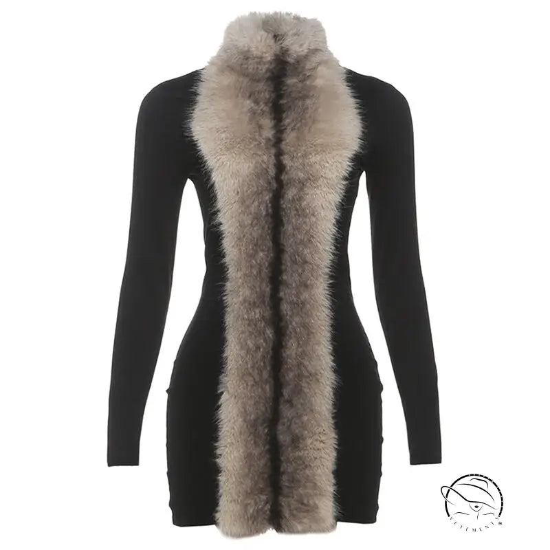 Elegant slim fit sheath langry fashion dress with black long sleeves, fur collar, and pockets