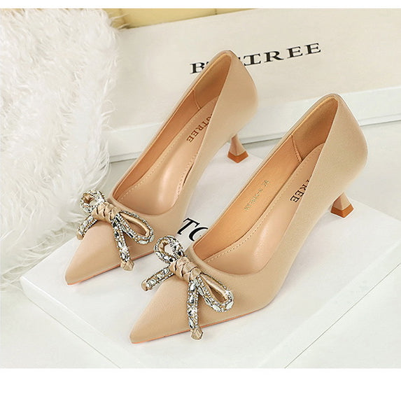 Langry fashion beige stiletto heels with rhinestone bow accents