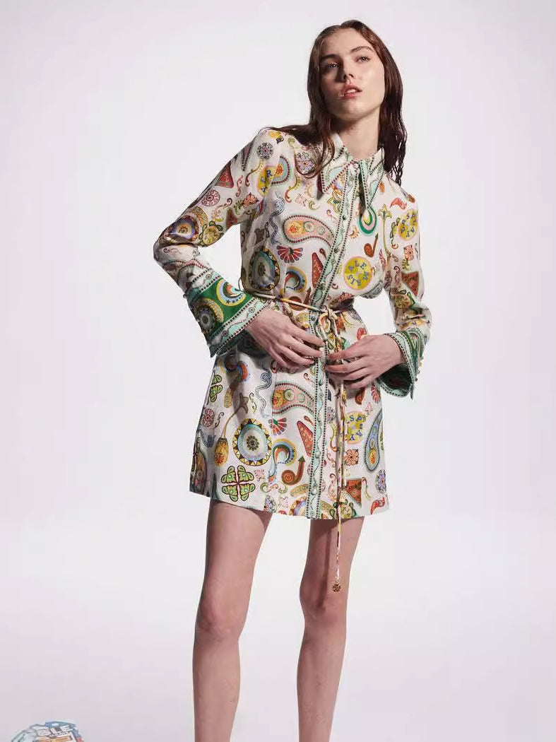 Elegant Socialite Collared Tied Waist Positioning Printing Linen Vacation Long Sleeve Dress Women