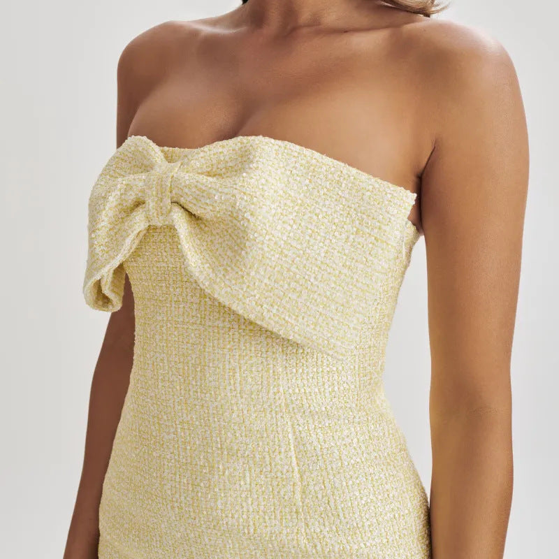 Elegant strapless Langry gold sequin fashion dress with bust bow detail