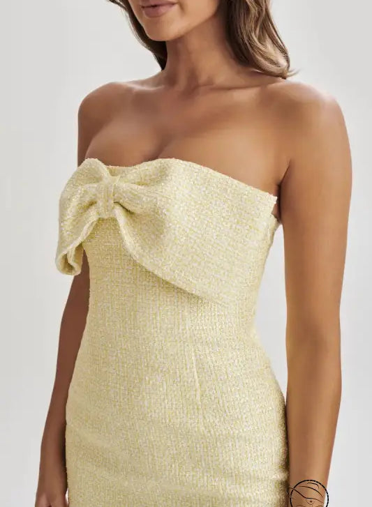 Slim fit strapless gold sequin dress with bow detail at bust