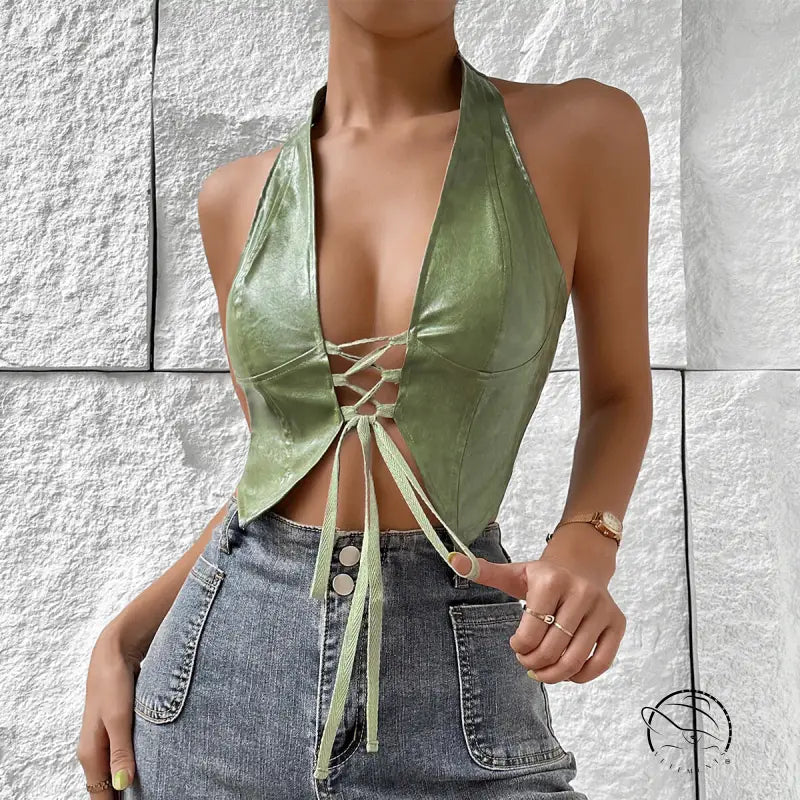 Light green solid color halter faux leather vest with deep V-neck lace-up front