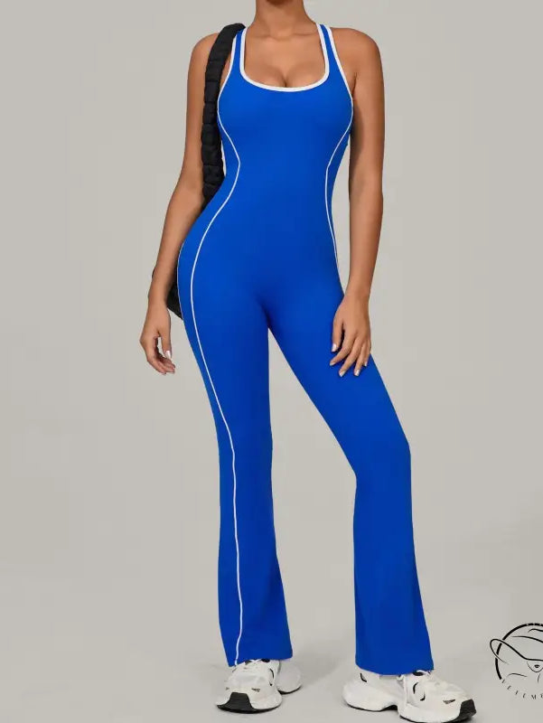 Royal blue Beauty Back Yoga Jumpsuit with white trim and racerback design