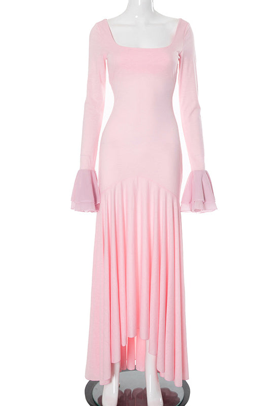 Pink long-sleeved Alluring Pleated Wide Swing Dress with bell sleeves and pleated hem