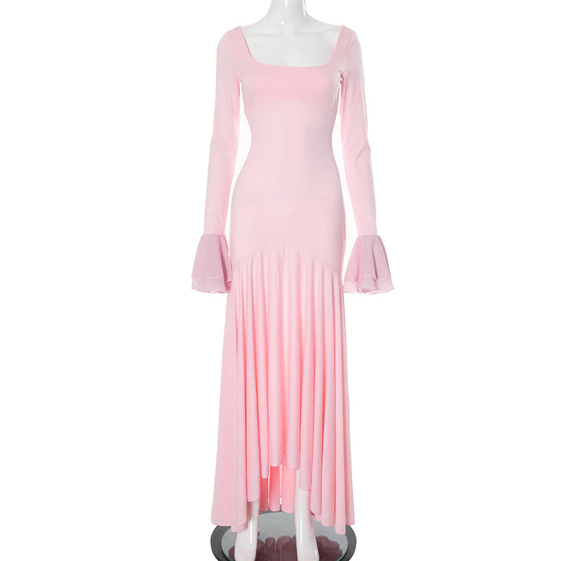 Pink long-sleeved Alluring Pleated Wide Swing Dress with bell sleeves and pleated hem