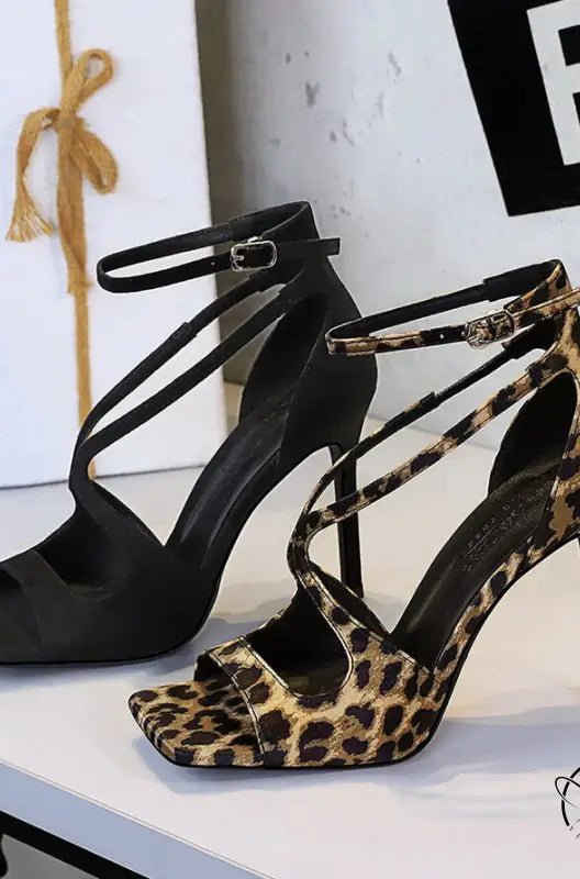 Cocktail leopard print square high heel langry fashion sandals