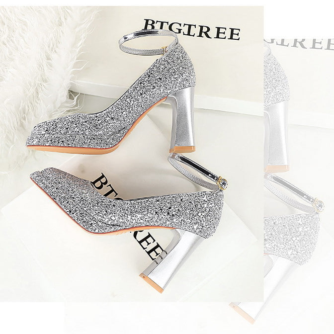 Waterproof Low Cut Square Toe Sequ Ankle Strap Shoes