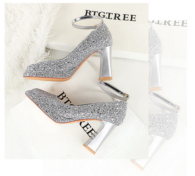 Waterproof Low Cut Square Toe Sequ Ankle Strap Shoes