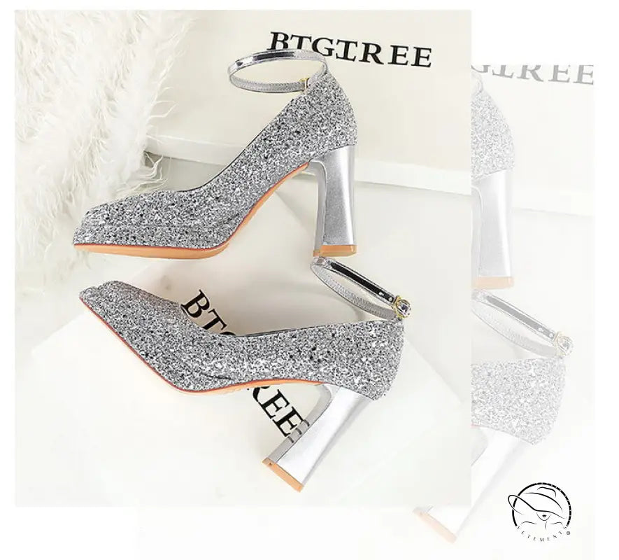 Waterproof Low Cut Square Toe Sequ Ankle Strap Shoes