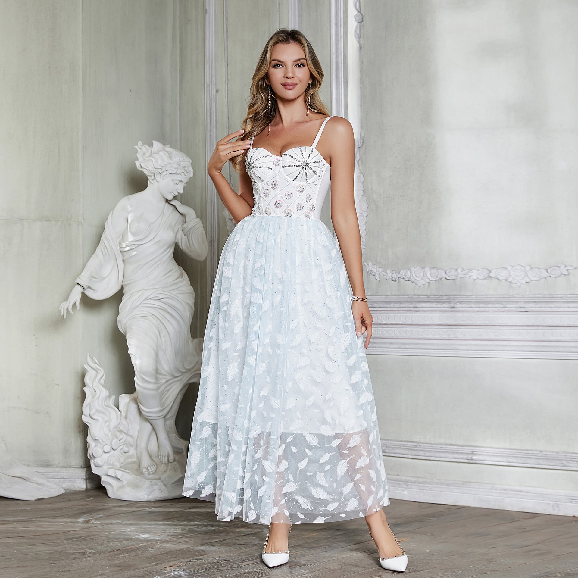 White embellished midi fairy dress with corset straps and large swing design