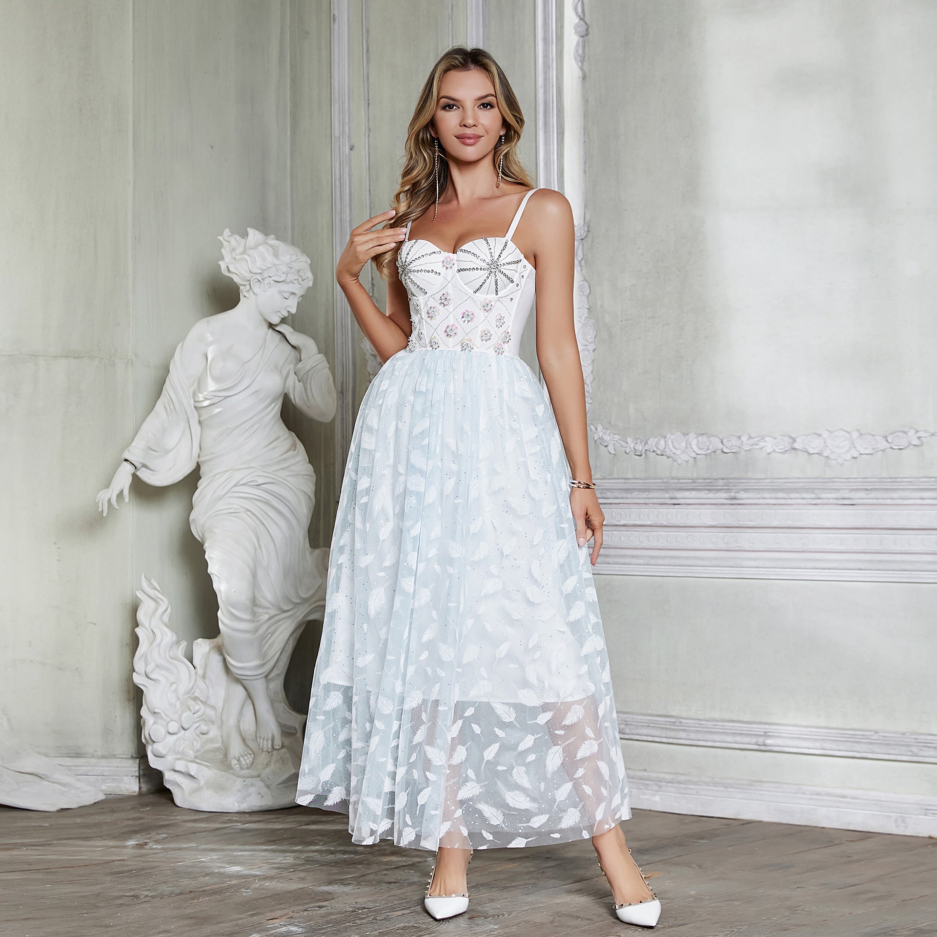 White embellished midi fairy dress with corset straps and large swing design