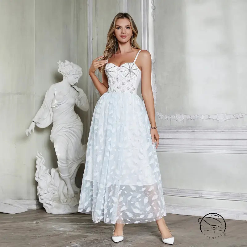 White embellished midi fairy dress with corset straps and large swing