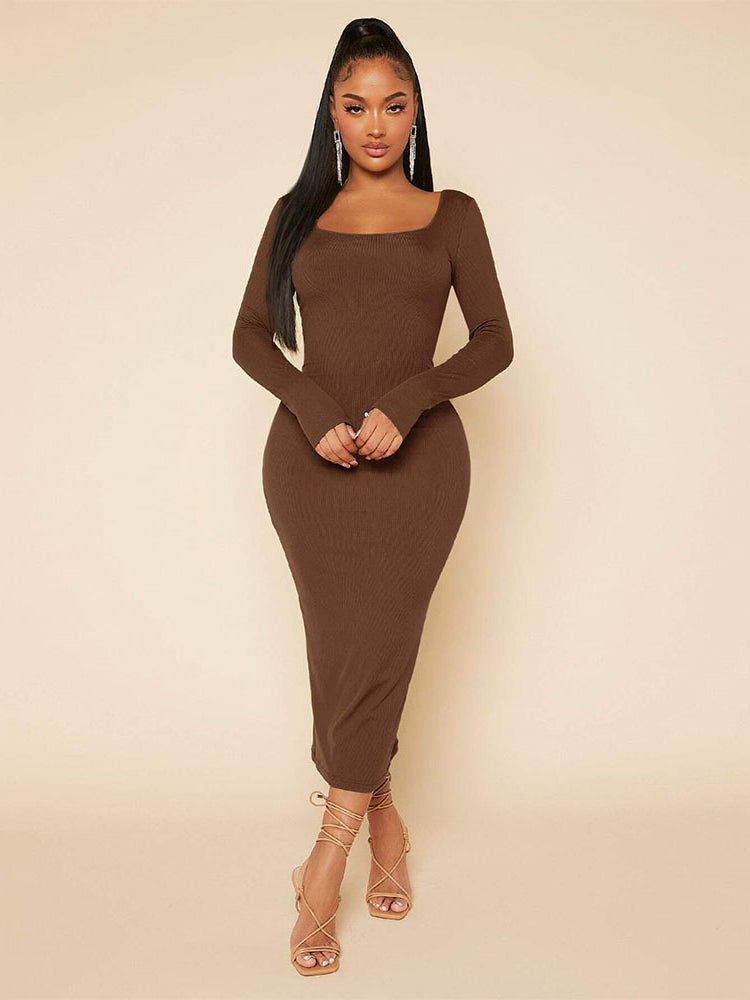 Elegant graceful long-sleeved brown midi dress, perfect for fashionable ملابس and elegant style