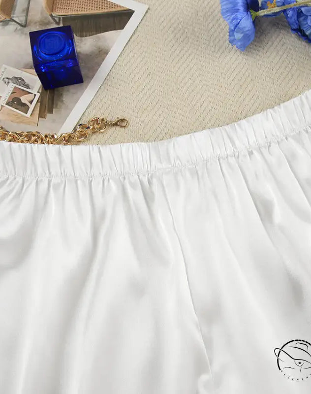 White satin elastic waist shorts for luxurious home wear fashion