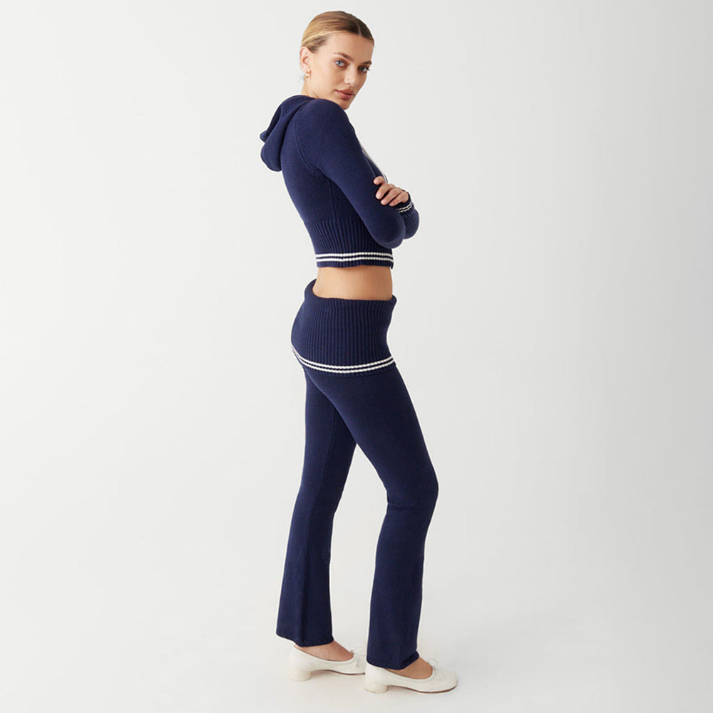 Woman’s navy knitwear set featuring slim fit hoodie and bootcut pants for Langry fashion trends