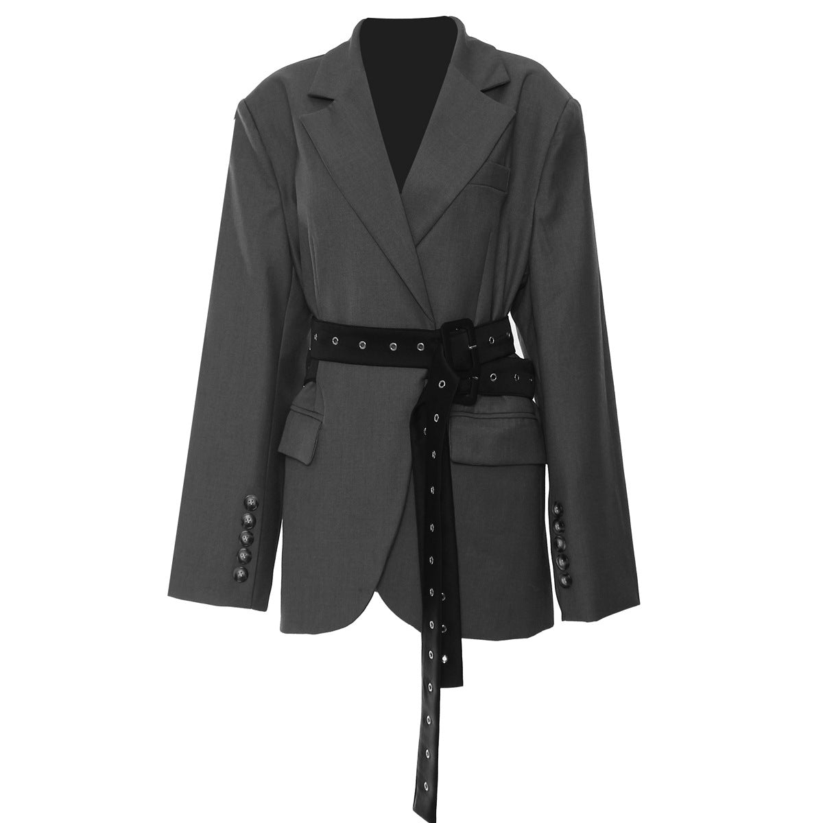 Gray belted blazer from Double Belt Deconstruction Blazer Tops, stylish langry fashion ملابس