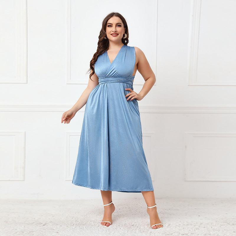 Elegant Blue Sleeveless Midi Dress for Fashion & ملابس, Cross Backless Lace Up Design