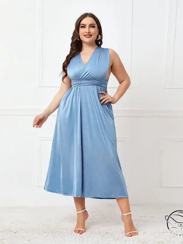 Elegant cross backless blue sleeveless midi lace up dress