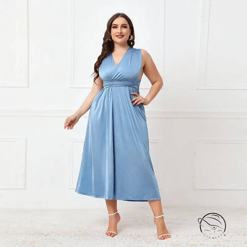 Elegant cross backless blue sleeveless midi lace up dress