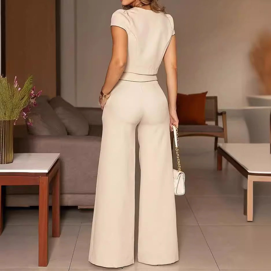 Beige Two-Piece Pantsuit in Casual Personalized Short Sleeve Solid Color Fashion Set