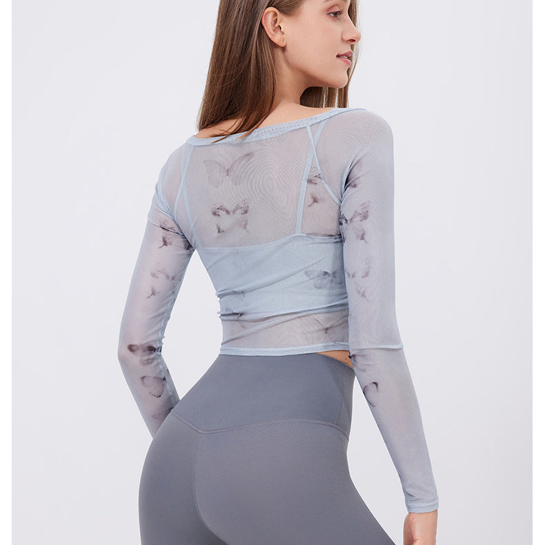 Floral Butterfly Faux Two Piece Sports t Shirt Women Long Sleeve with Chest Pad Yoga Clothes Mesh Top Quick Drying